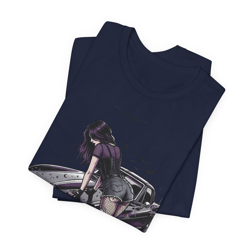 Retro Muscle Car Tee — Gothic Girl Leaning on Purple Classic Car Graphic T-Shirt