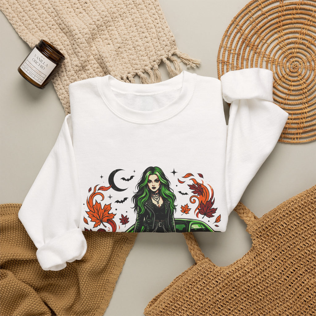 Witch Girl & Muscle Car Sweatshirt – Halloween Goth Crewneck