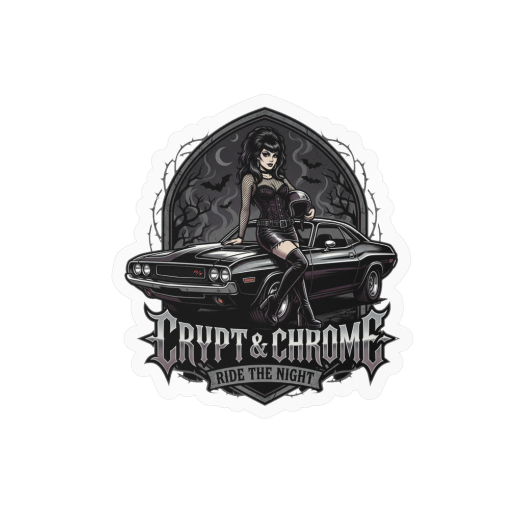 Crypt & Chrome Kiss-Cut Vinyl Decal — Gothic Pin-Up Muscle Car Sticker (Ride the Night)