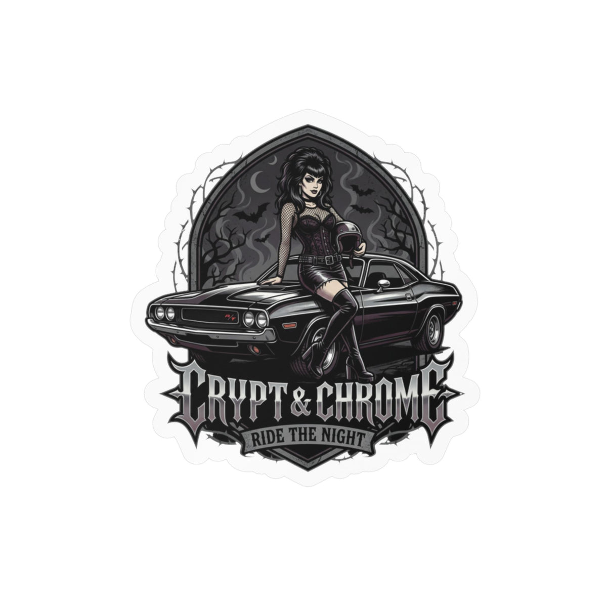 Crypt & Chrome Kiss-Cut Vinyl Decal — Gothic Pin-Up Muscle Car Sticker (Ride the Night)