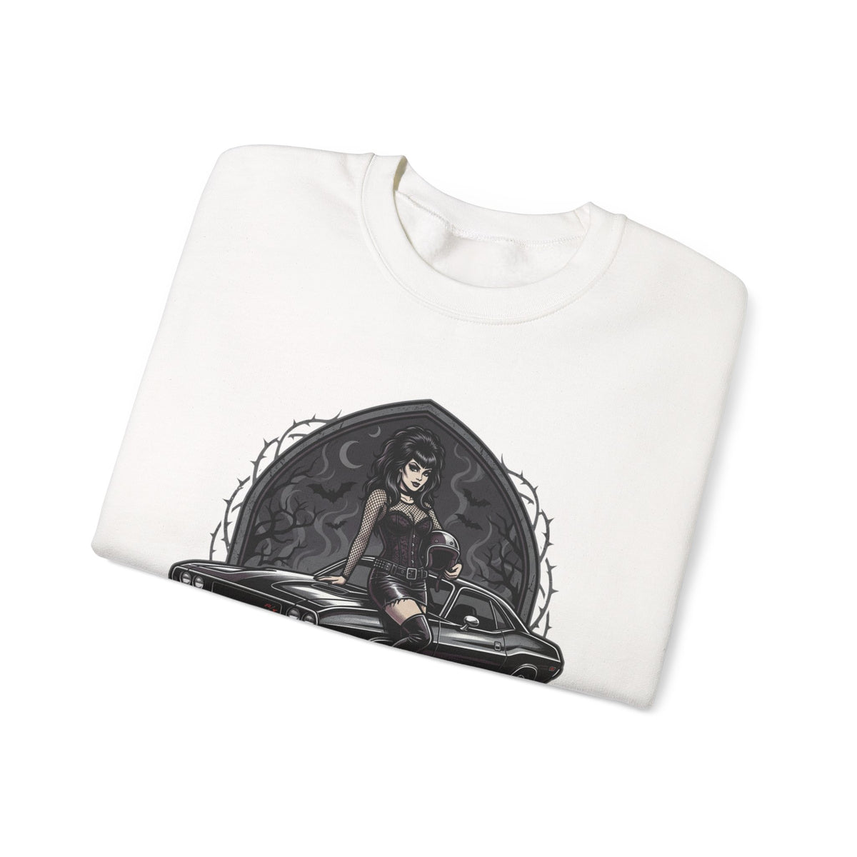 Crewneck Sweatshirt — 'Rupt & Chrome: Ride the Night' Gothic Pinup Car Design