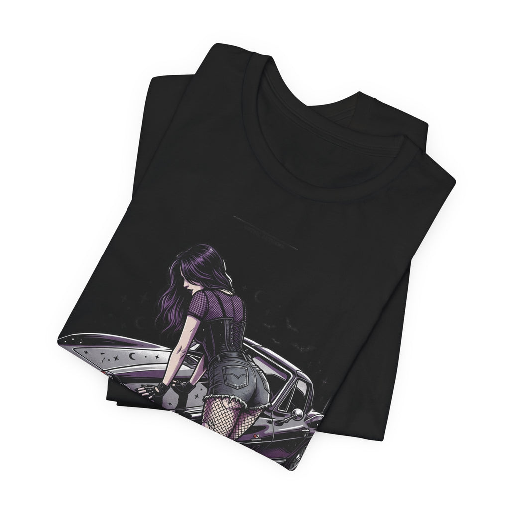 Retro Muscle Car Tee — Gothic Girl Leaning on Purple Classic Car Graphic T-Shirt