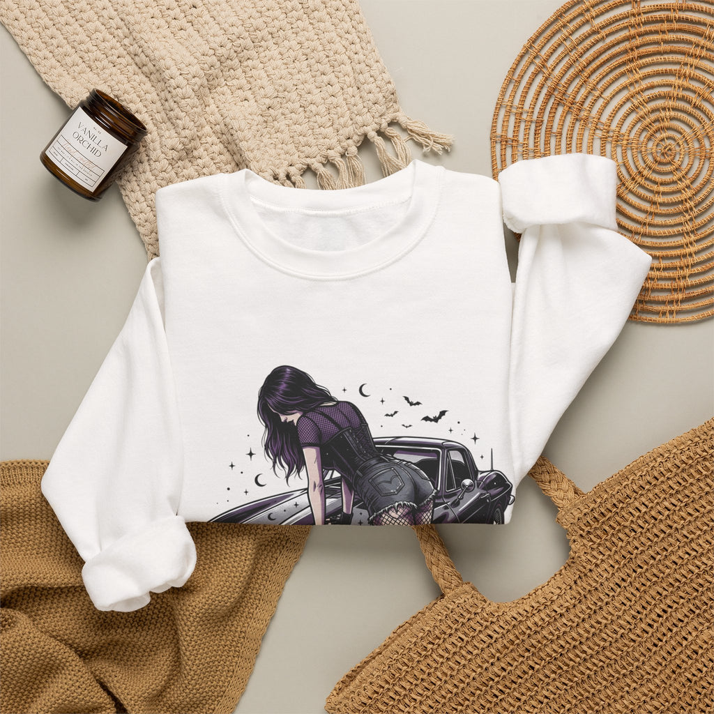 Crewneck Sweatshirt — Violet Retro Car Girl Graphic