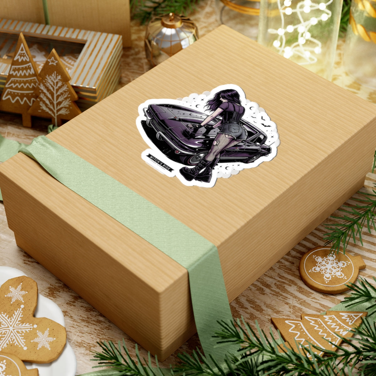 Witch's Ride Kiss-Cut Sticker — Gothic Girl on Vintage Muscle Car