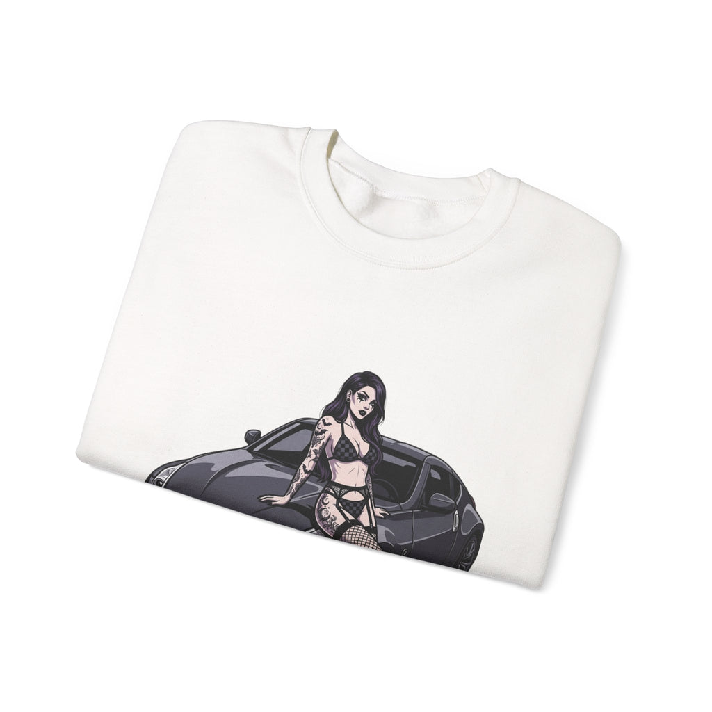 Crewneck Sweatshirt — Pinup Girl on Sports Car Graphic