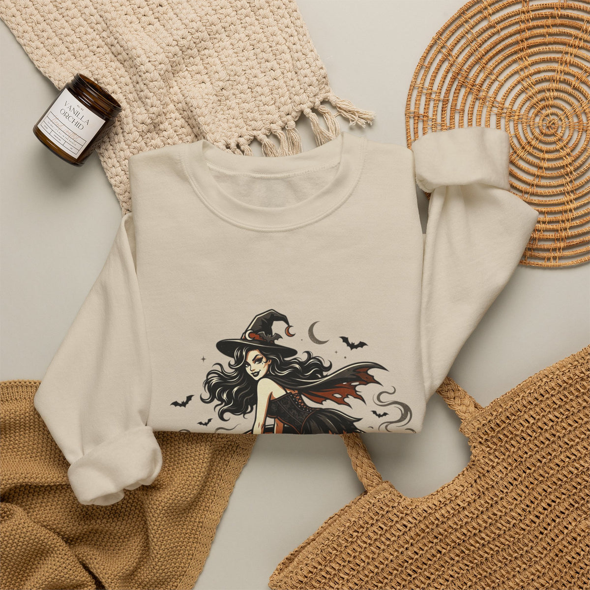 Witch Girl on Car Sweatshirt — Gothic Halloween Crewneck