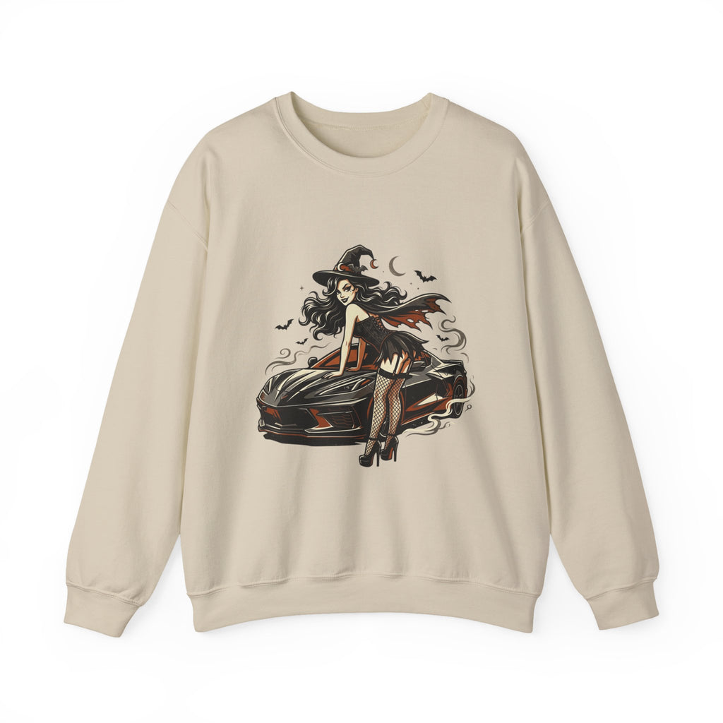 Witch Girl on Car Sweatshirt — Gothic Halloween Crewneck