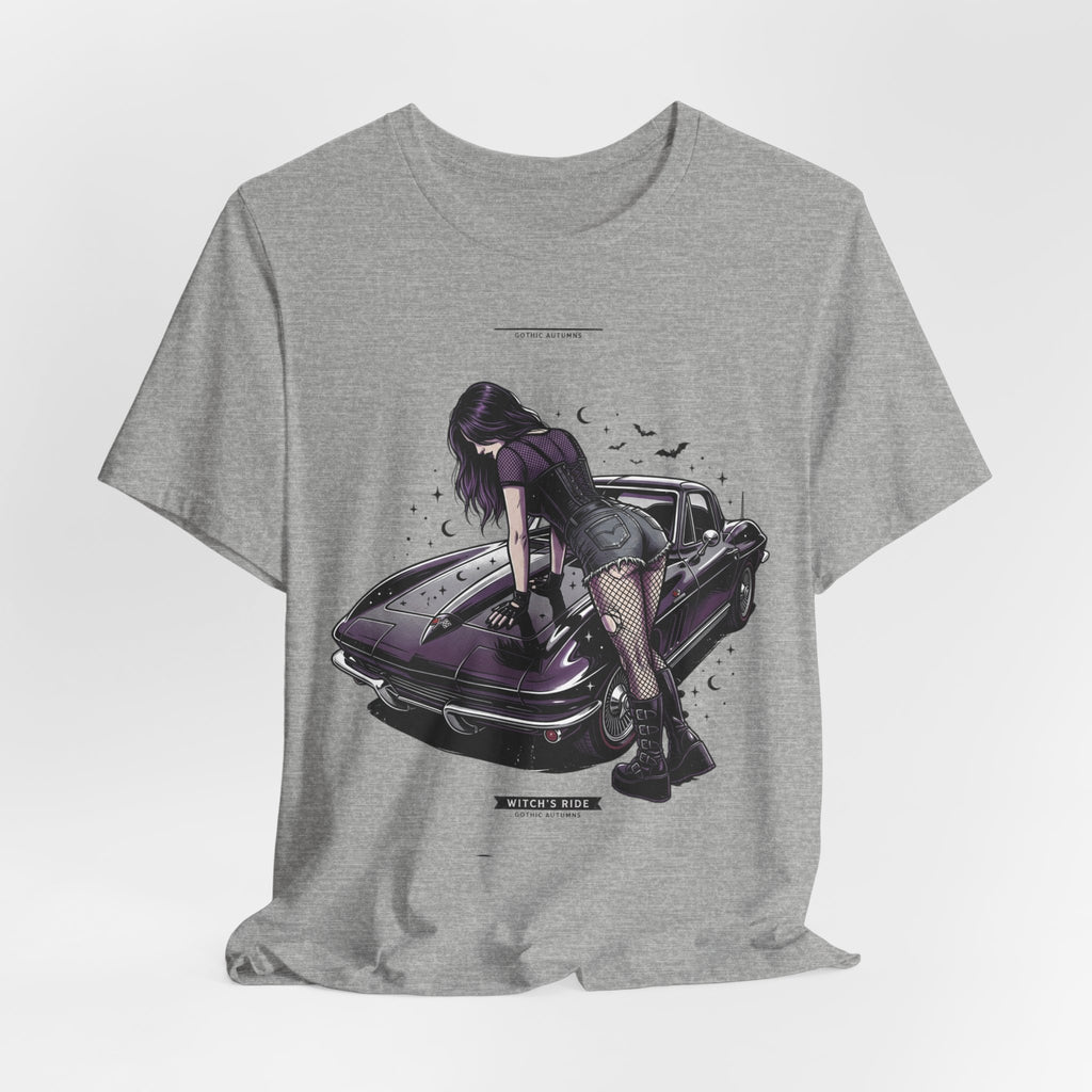 Retro Muscle Car Tee — Gothic Girl Leaning on Purple Classic Car Graphic T-Shirt