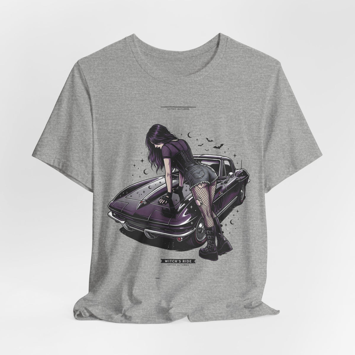 Retro Muscle Car Tee — Gothic Girl Leaning on Purple Classic Car Graphic T-Shirt