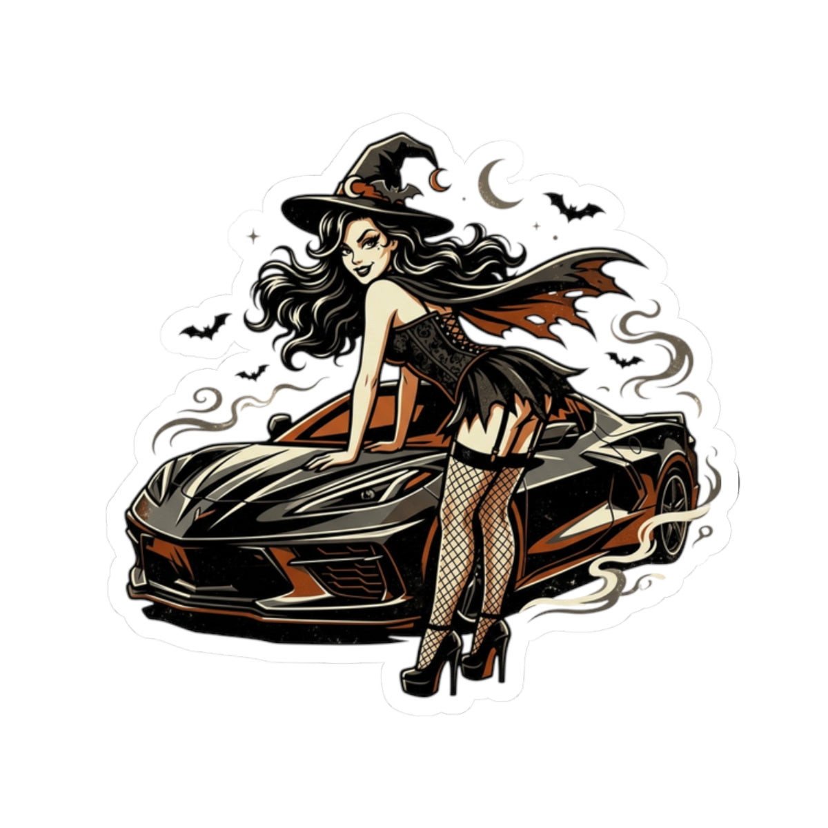 Witch Pin-Up Car Sticker — Halloween Kiss-Cut Vinyl Decal