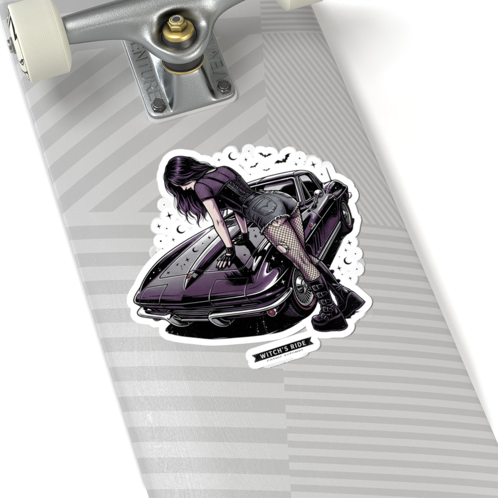 Witch's Ride Kiss-Cut Sticker — Gothic Girl on Vintage Muscle Car