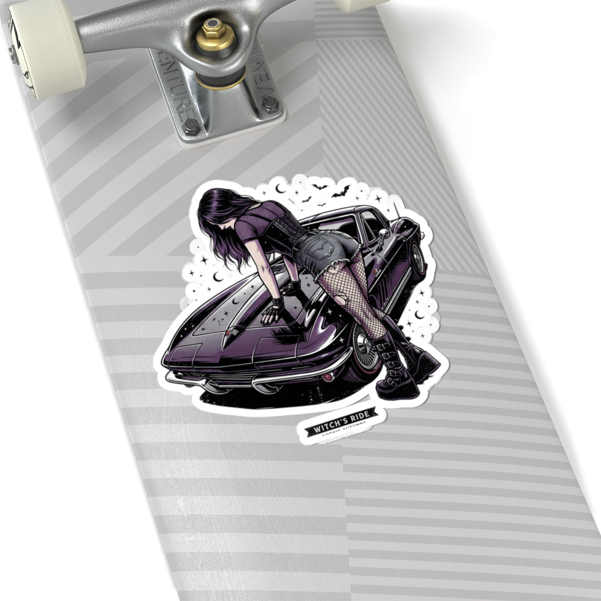 Witch's Ride Kiss-Cut Sticker — Gothic Girl on Vintage Muscle Car