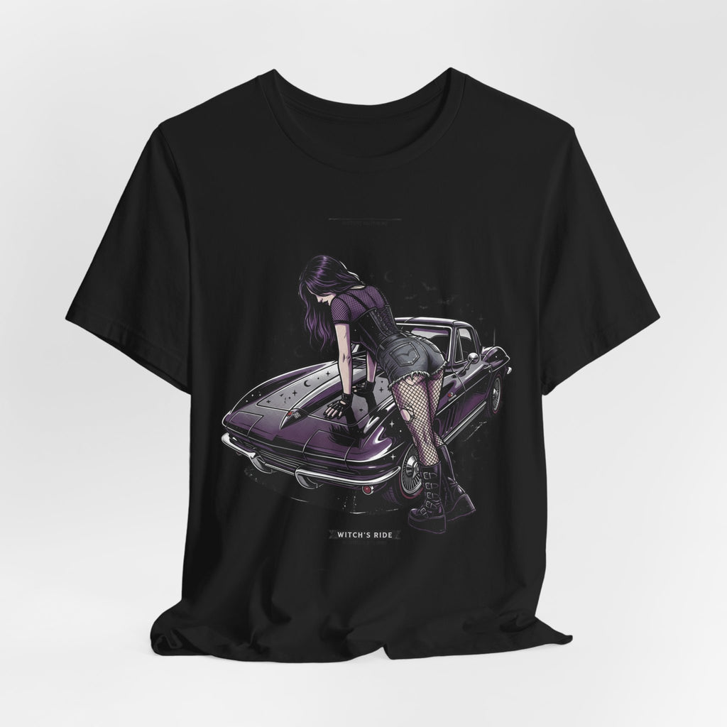 Retro Muscle Car Tee — Gothic Girl Leaning on Purple Classic Car Graphic T-Shirt
