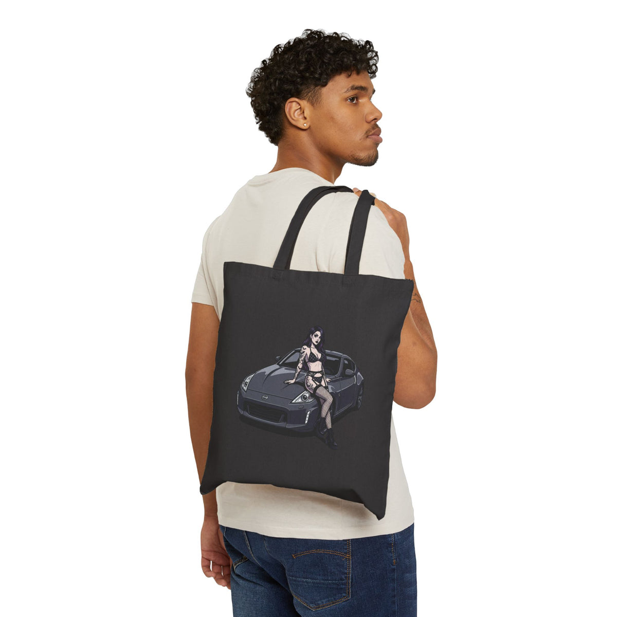 Canvas Tote Bag – Retro Pinup Girl on Sports Car Graphic Tote