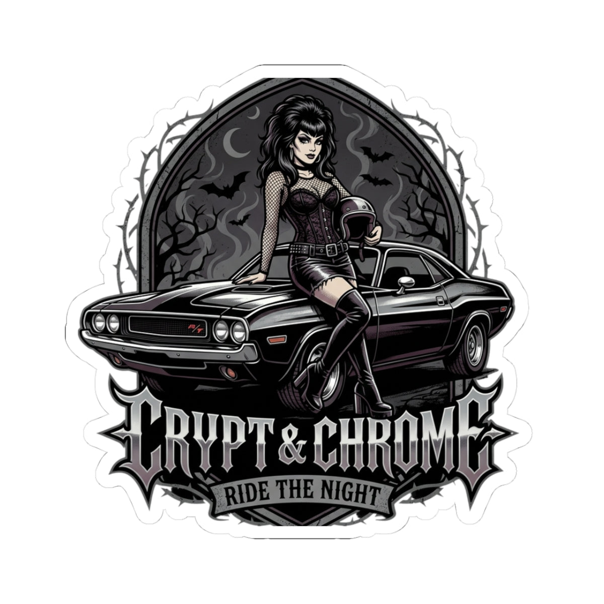 Crypt & Chrome Kiss-Cut Sticker — 'Ride the Night' Goth Pin-Up Muscle Car Decal