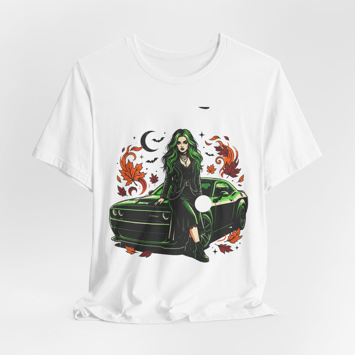 Witchy Green Muscle Car Tee — Gothic Witch Graphic T-Shirt