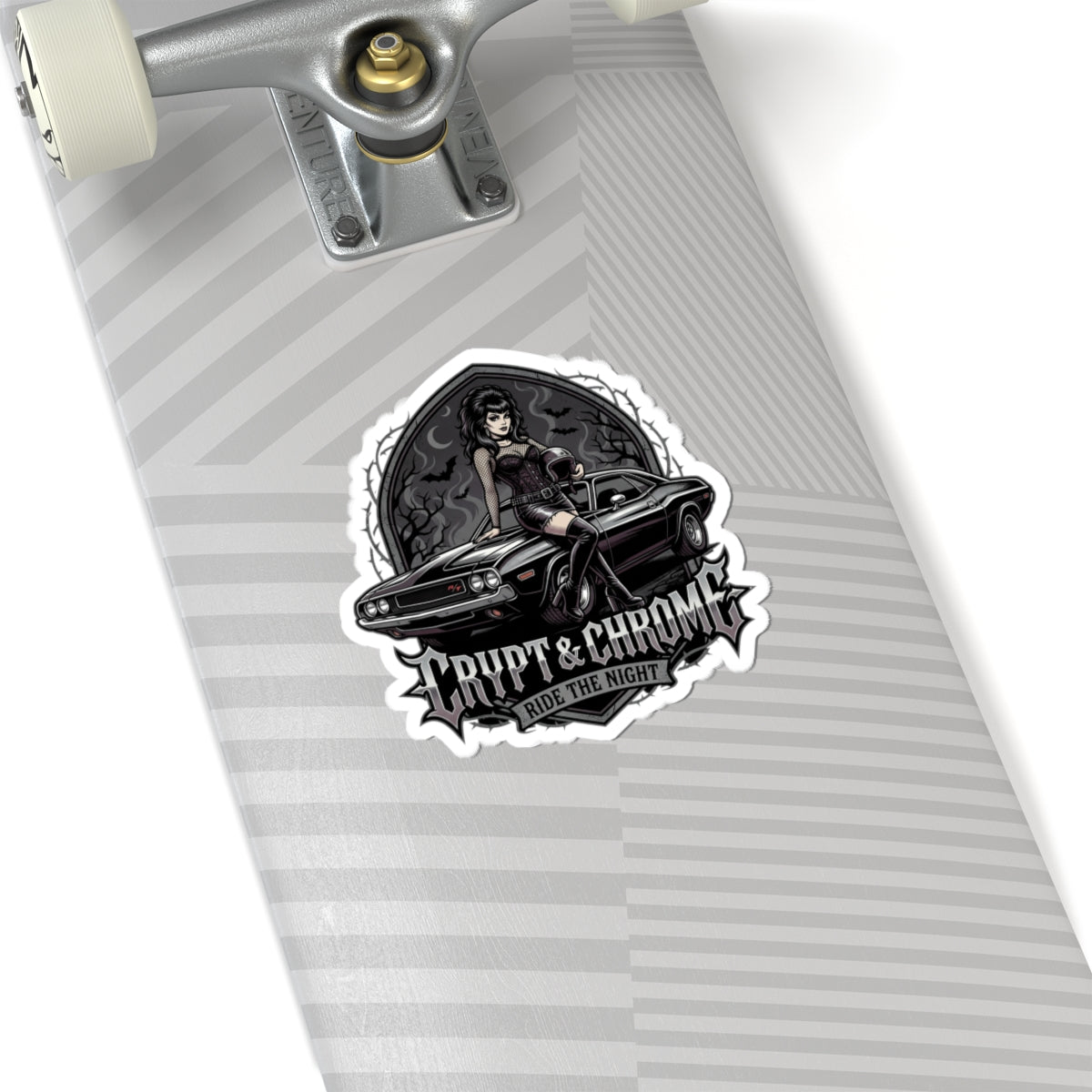 Crypt & Chrome 'Ride the Night' Kiss-Cut Sticker — Gothic Pinup Muscle Car Decal