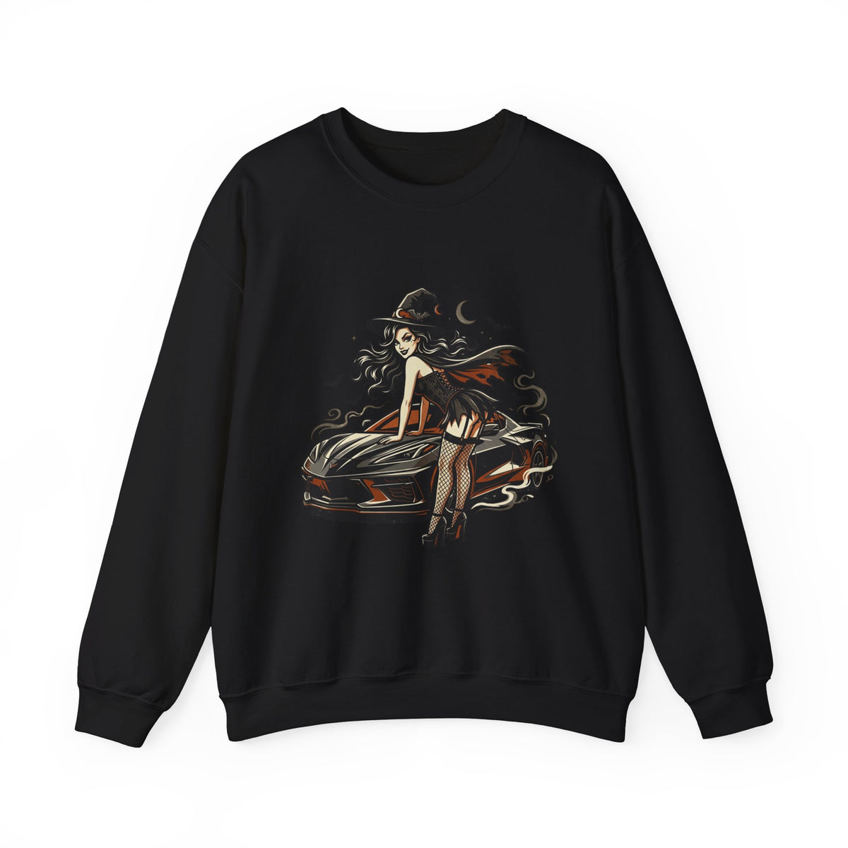 Witch Girl on Car Sweatshirt — Gothic Halloween Crewneck