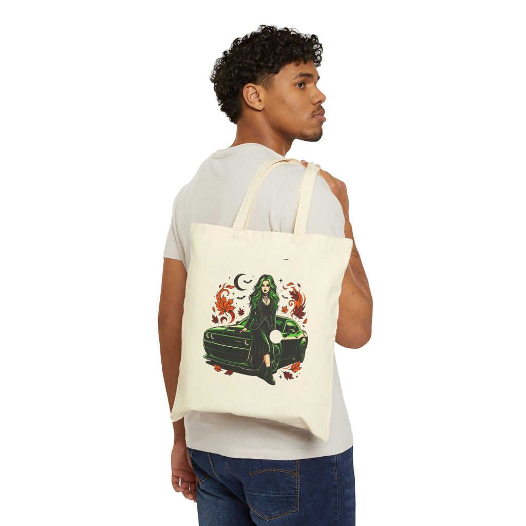 Witchy Green-Haired Girl & Muscle Car Cotton Tote Bag