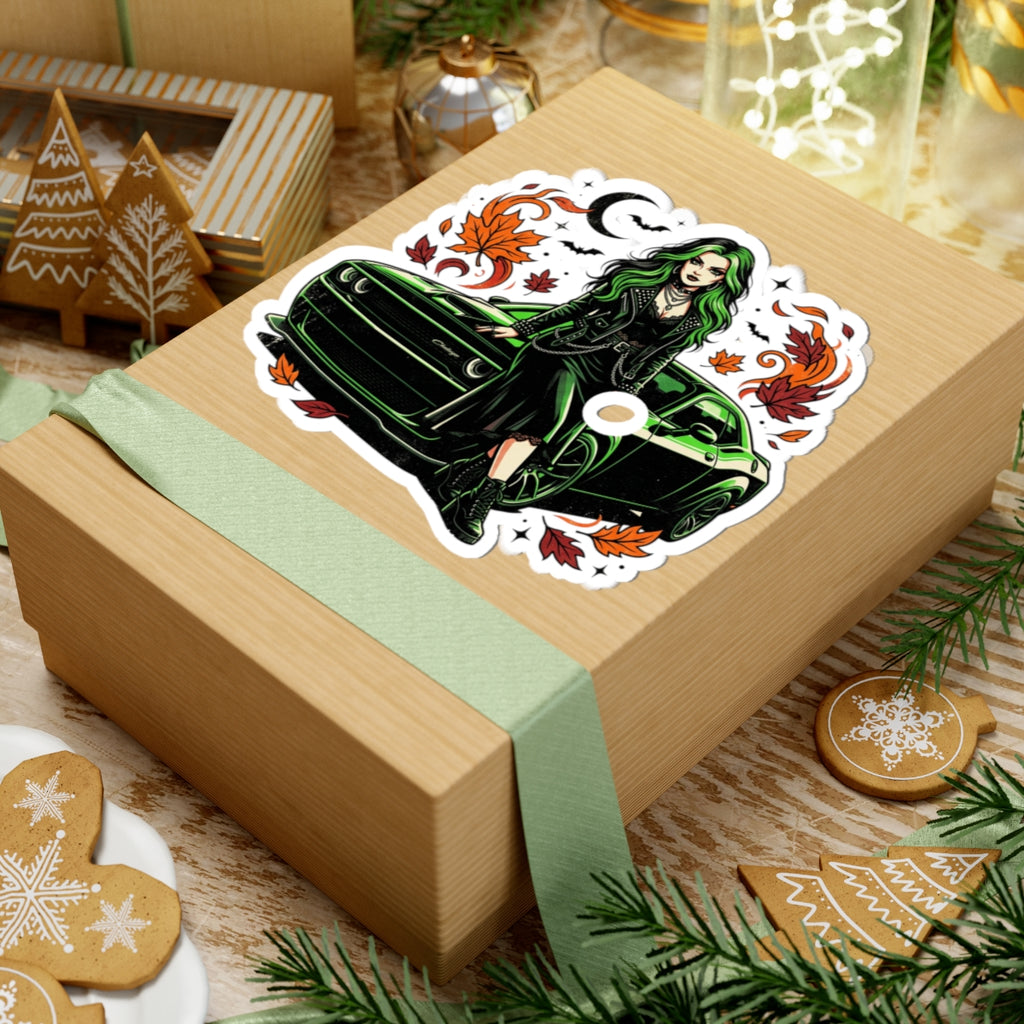 Green-Haired Goth Girl with Muscle Car Sticker — Fall Leaves Kiss-Cut Sticker