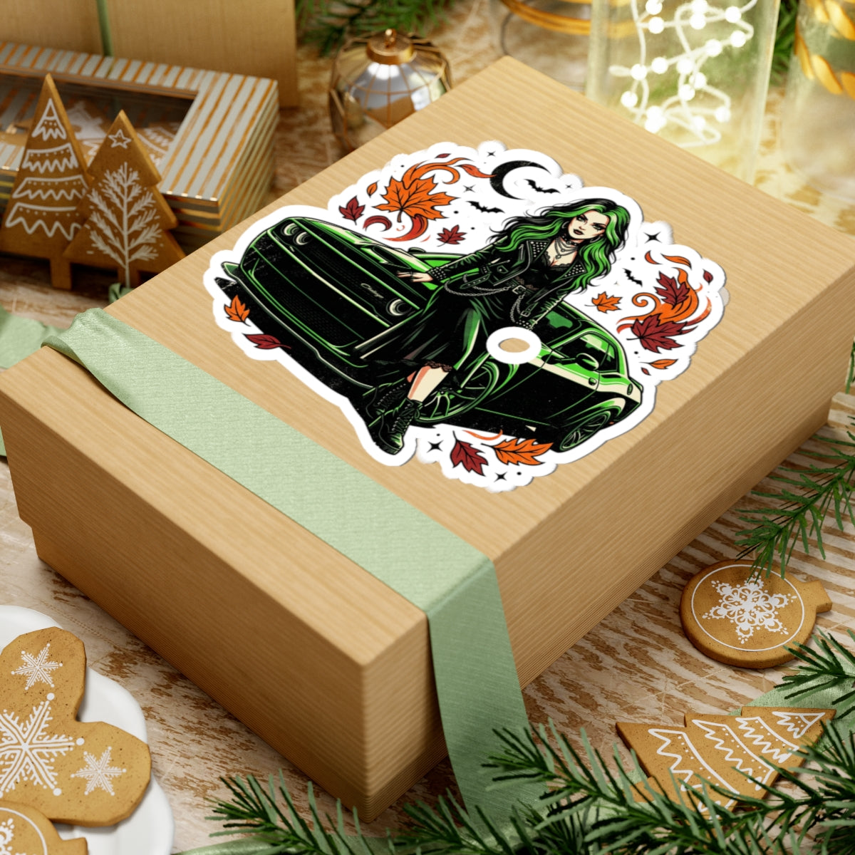Green-Haired Goth Girl with Muscle Car Sticker — Fall Leaves Kiss-Cut Sticker