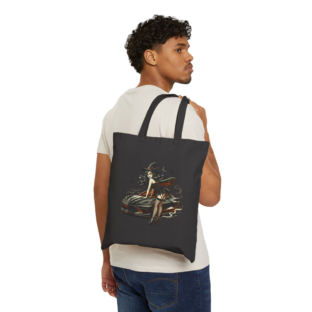 Vintage Witch Illustration Cotton Canvas Tote Bag