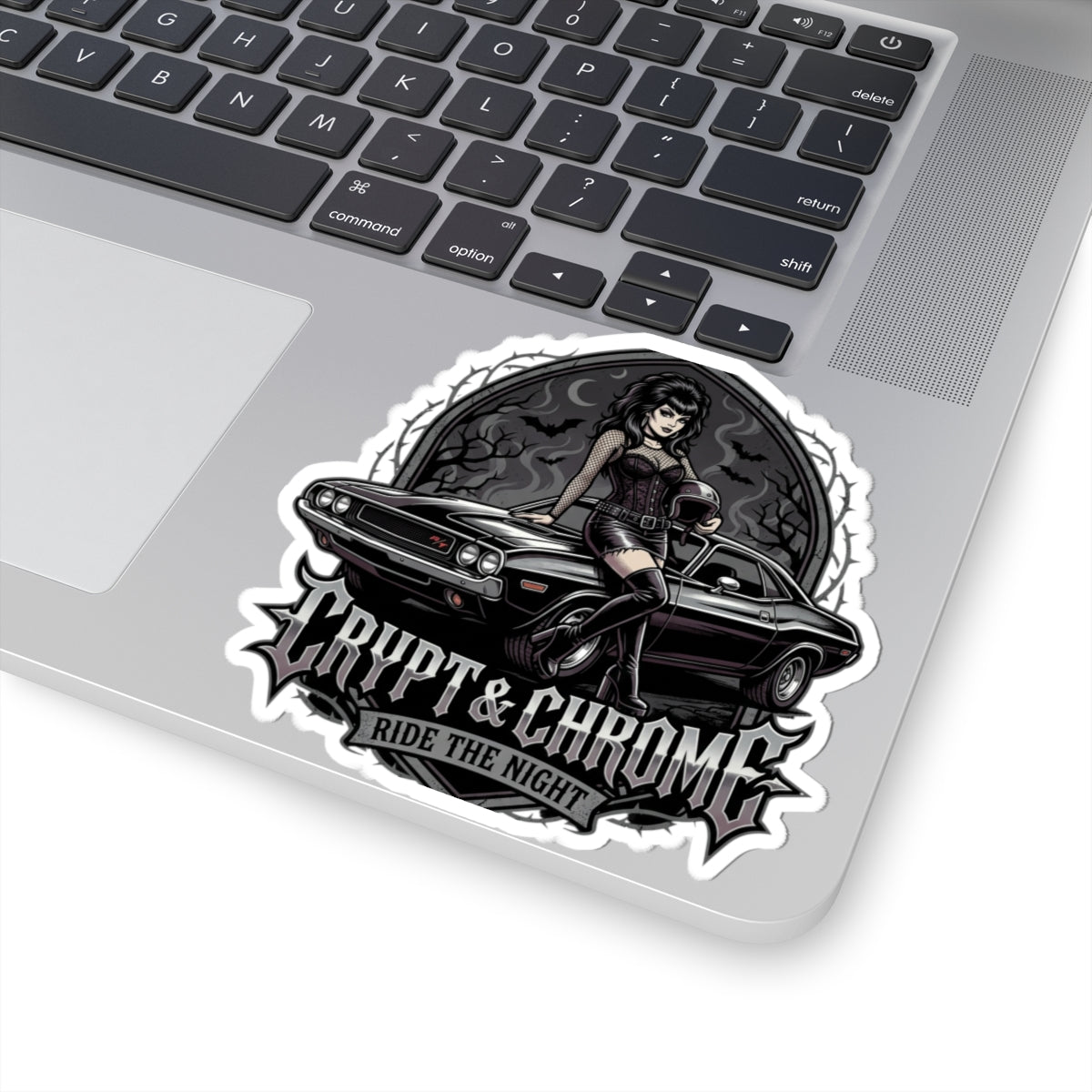 Crypt & Chrome Kiss-Cut Sticker — 'Ride the Night' Goth Pin-Up Muscle Car Decal