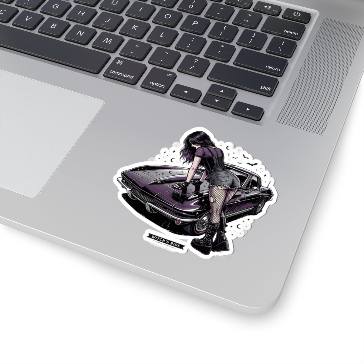 Witch's Ride Kiss-Cut Sticker — Gothic Girl on Vintage Muscle Car
