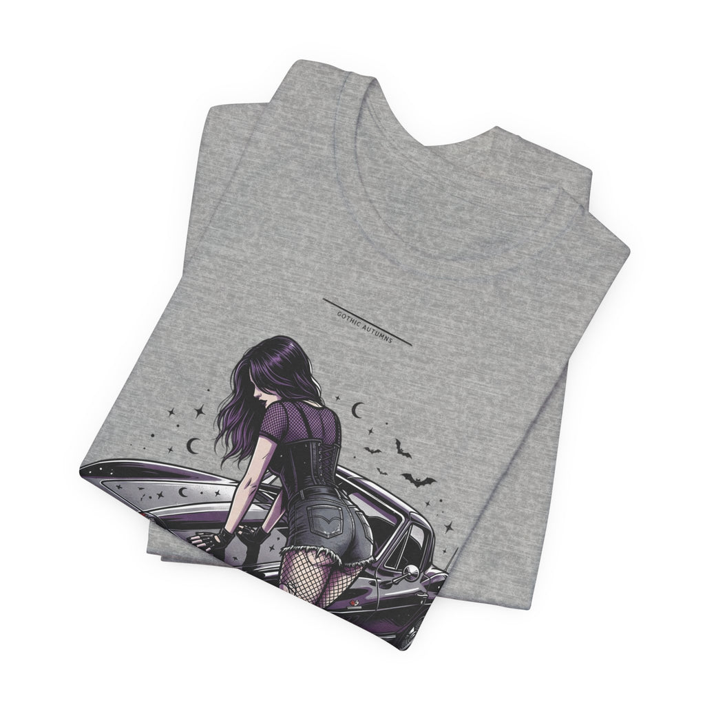 Retro Muscle Car Tee — Gothic Girl Leaning on Purple Classic Car Graphic T-Shirt