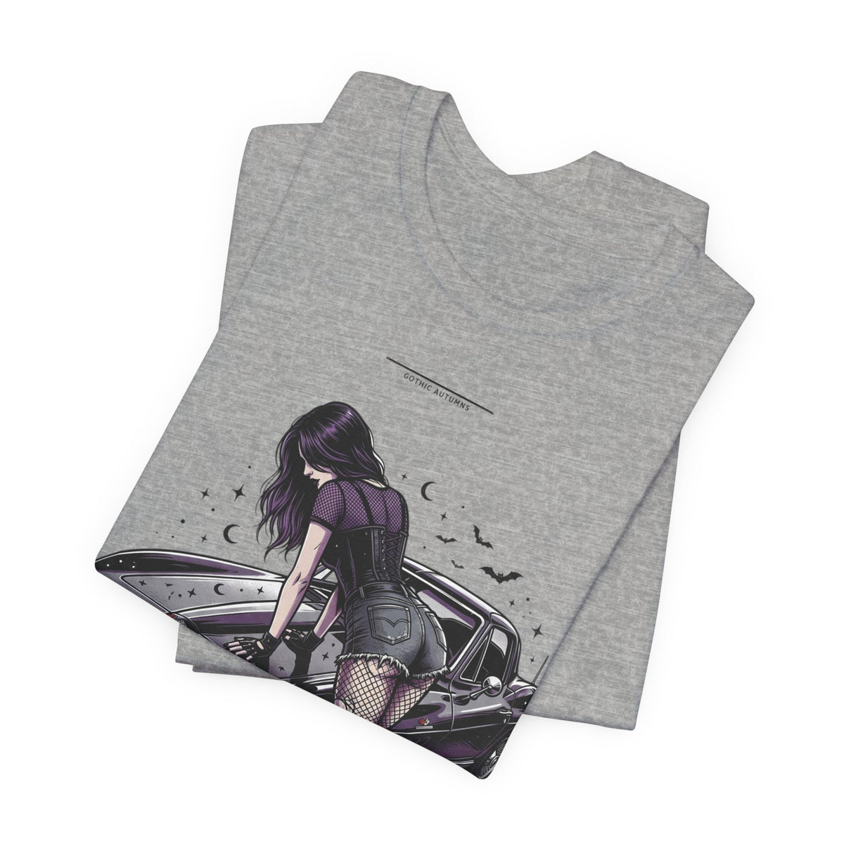 Retro Muscle Car Tee — Gothic Girl Leaning on Purple Classic Car Graphic T-Shirt