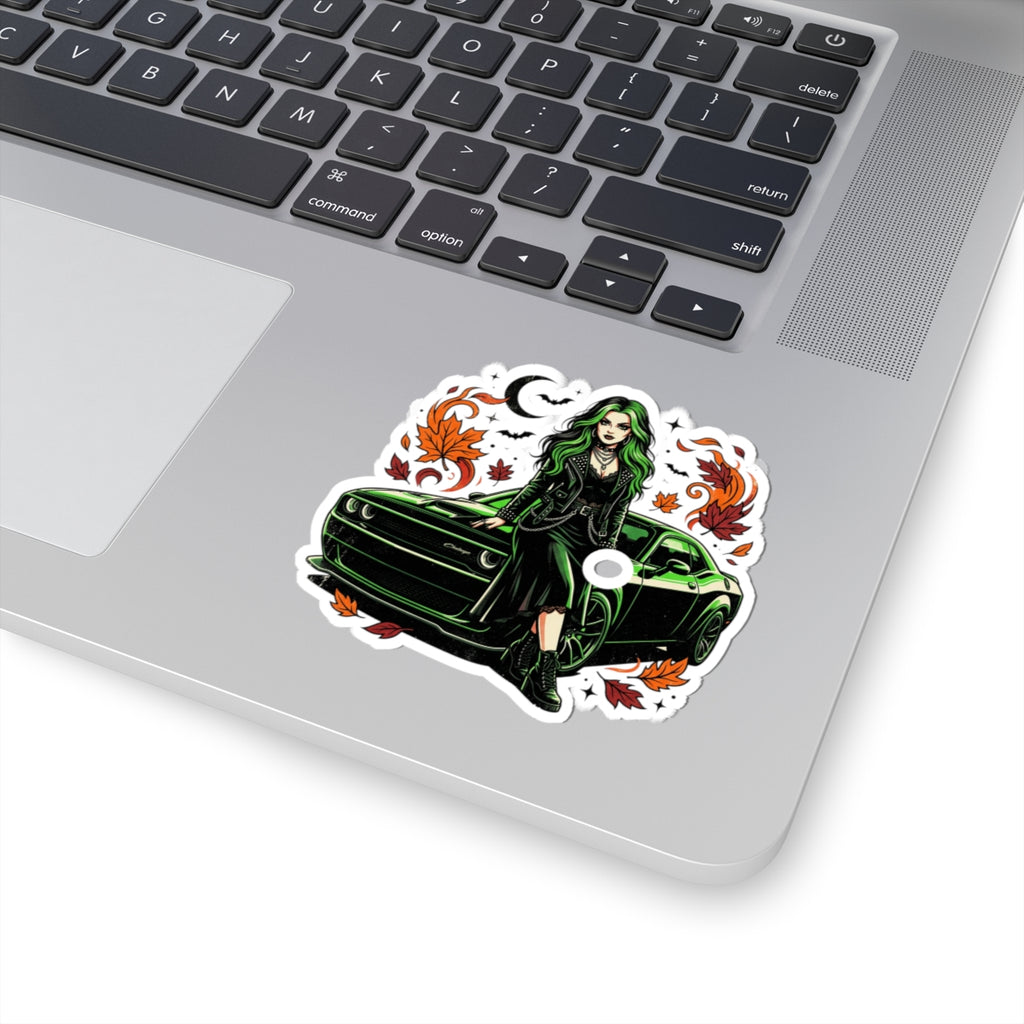 Green-Haired Goth Girl with Muscle Car Sticker — Fall Leaves Kiss-Cut Sticker