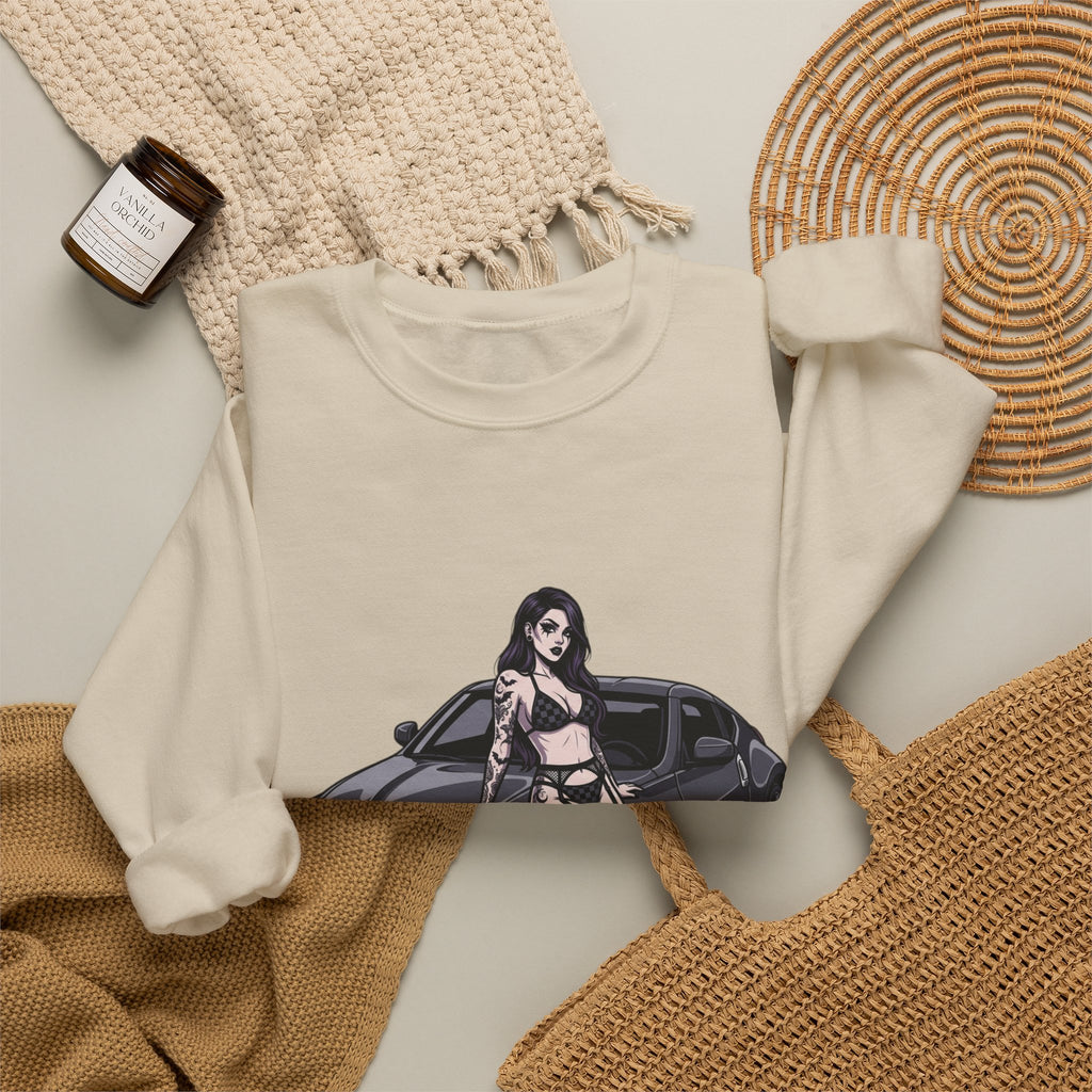 Crewneck Sweatshirt — Pinup Girl on Sports Car Graphic