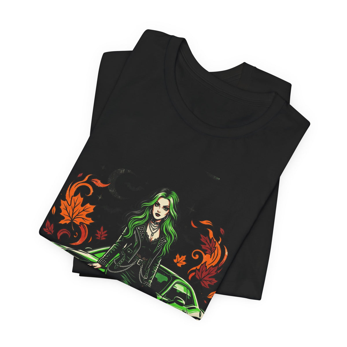 Witchy Green Muscle Car Tee — Gothic Witch Graphic T-Shirt