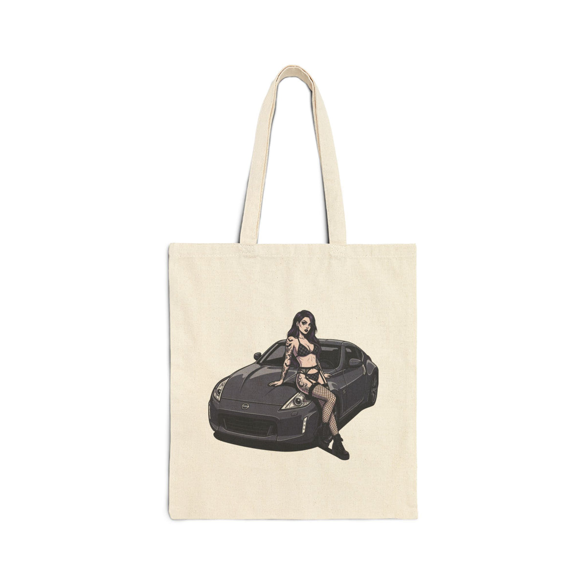 Canvas Tote Bag – Retro Pinup Girl on Sports Car Graphic Tote