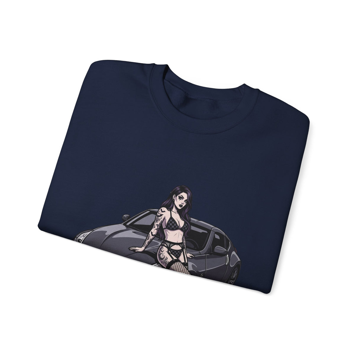 Crewneck Sweatshirt — Pinup Girl on Sports Car Graphic