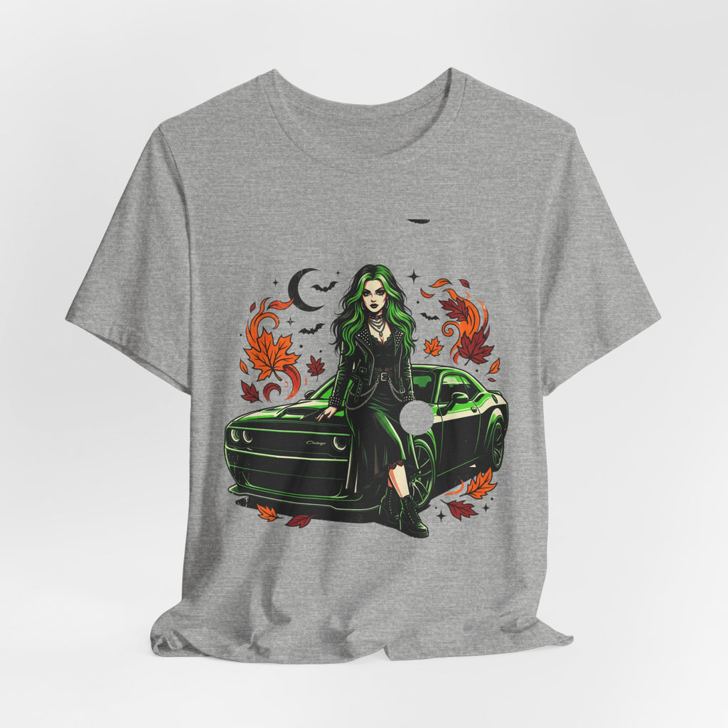 Witchy Green Muscle Car Tee — Gothic Witch Graphic T-Shirt