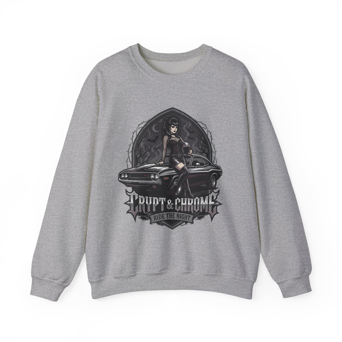 Crewneck Sweatshirt — 'Rupt & Chrome: Ride the Night' Gothic Pinup Car Design