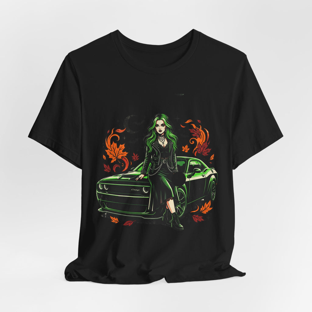 Witchy Green Muscle Car Tee — Gothic Witch Graphic T-Shirt