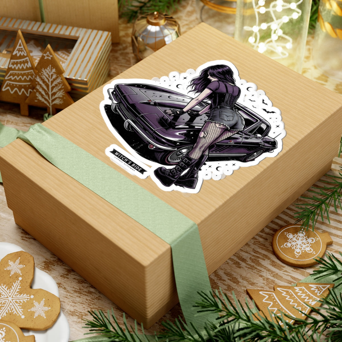 Witch's Ride Kiss-Cut Sticker — Gothic Girl on Vintage Muscle Car