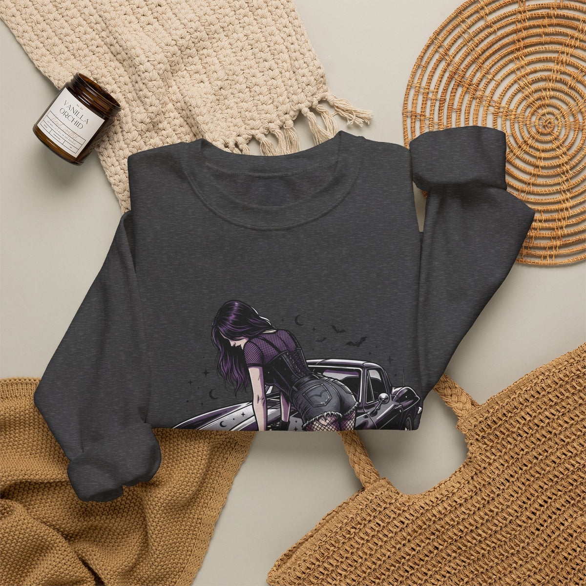 Crewneck Sweatshirt — Violet Retro Car Girl Graphic