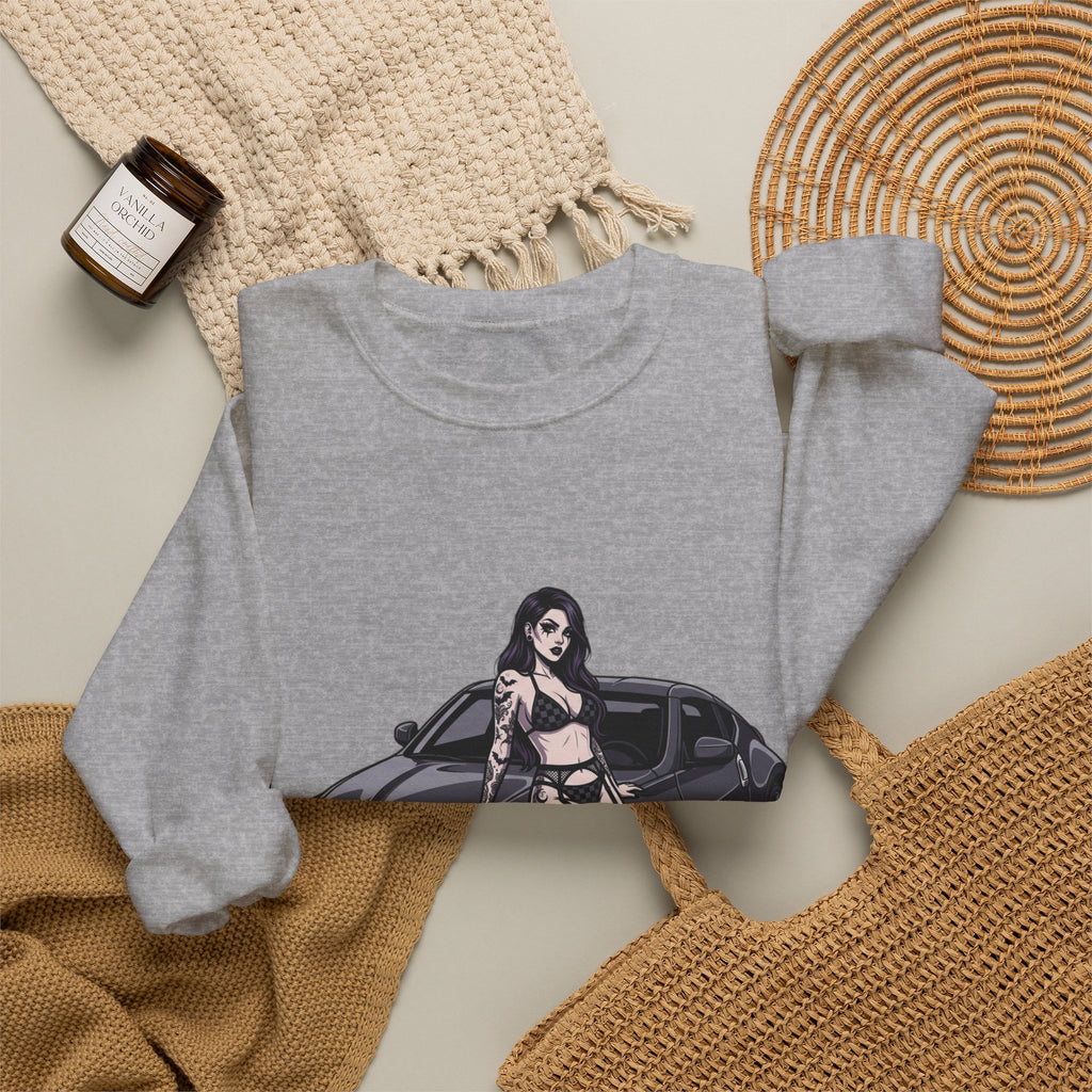 Crewneck Sweatshirt — Pinup Girl on Sports Car Graphic