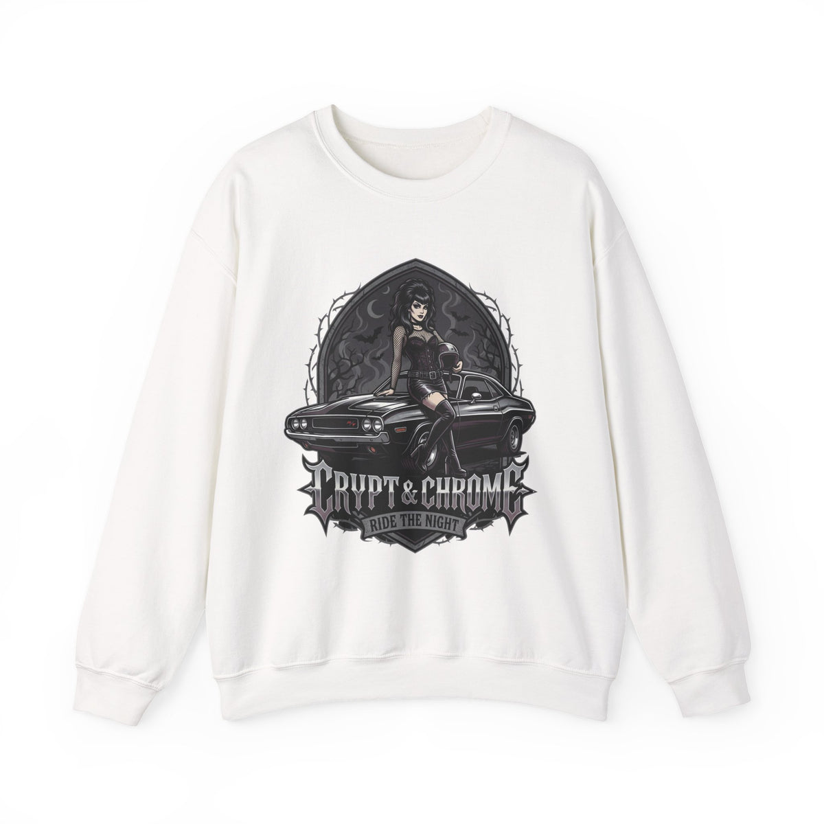 Crewneck Sweatshirt — 'Rupt & Chrome: Ride the Night' Gothic Pinup Car Design