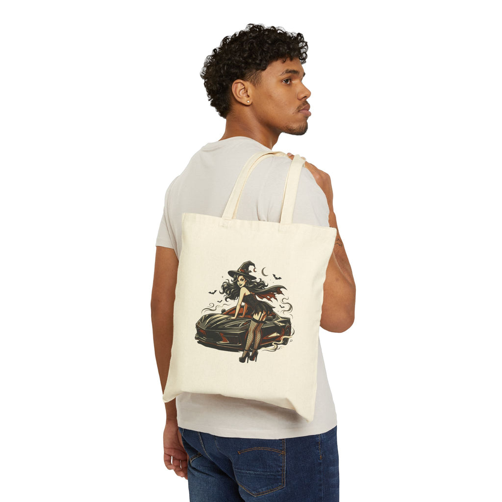 Vintage Witch Illustration Cotton Canvas Tote Bag