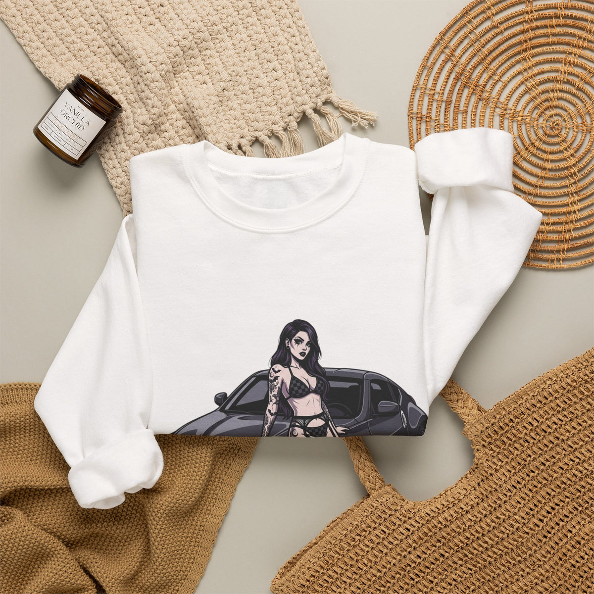 Crewneck Sweatshirt — Pinup Girl on Sports Car Graphic
