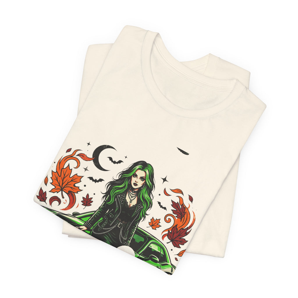 Witchy Green Muscle Car Tee — Gothic Witch Graphic T-Shirt