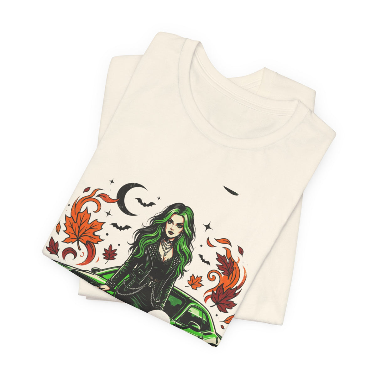 Witchy Green Muscle Car Tee — Gothic Witch Graphic T-Shirt