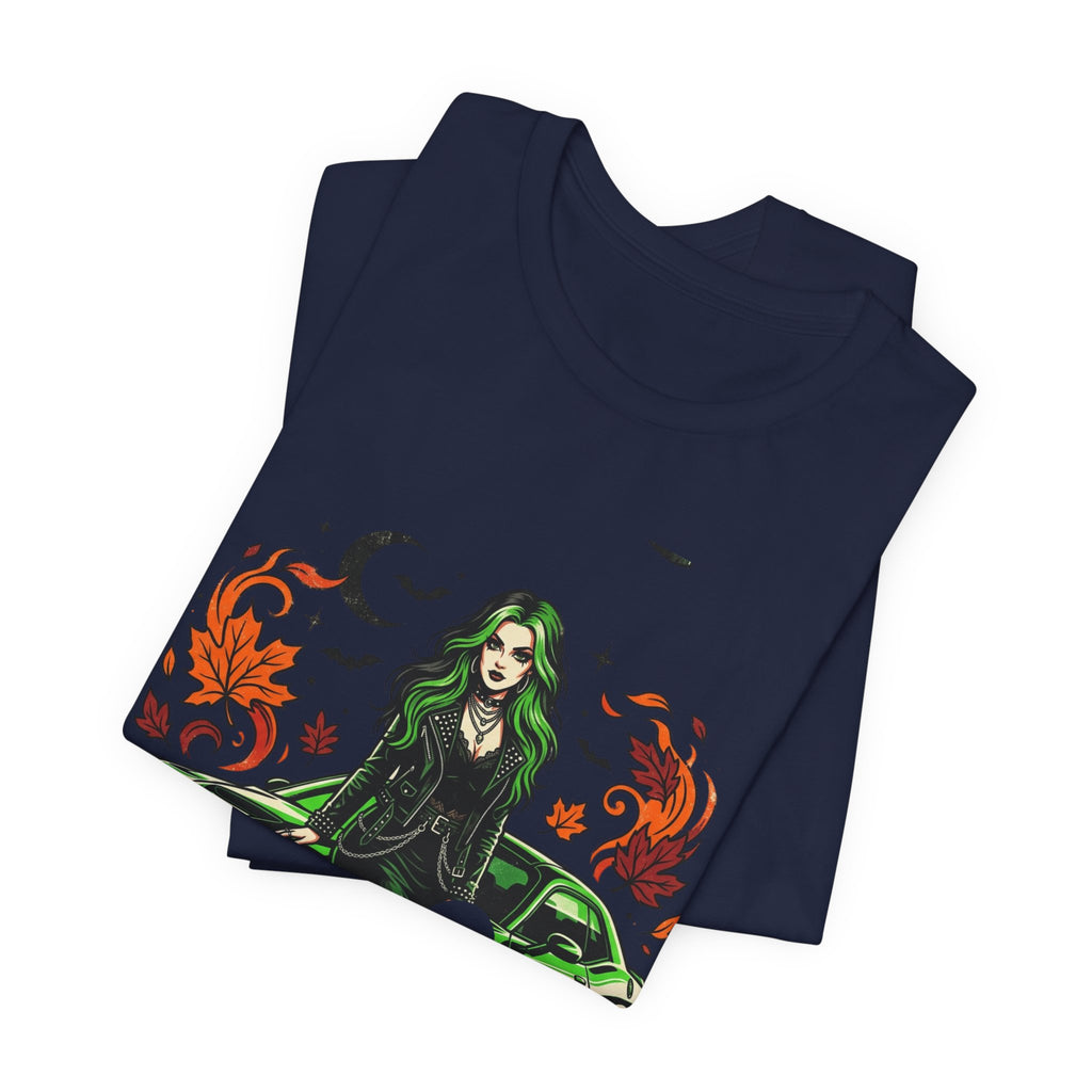 Witchy Green Muscle Car Tee — Gothic Witch Graphic T-Shirt